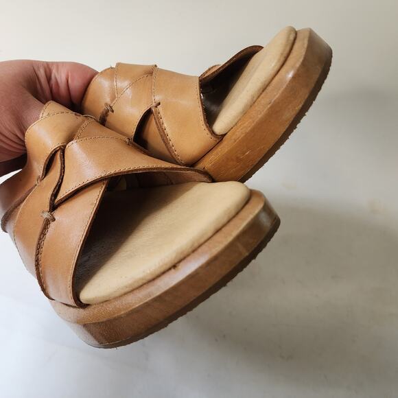 Vtg 90's Y2K Hokus Pokus Wooden Wedge Sandals Size 11M Brown Leather Woven - Picture 4 of 10